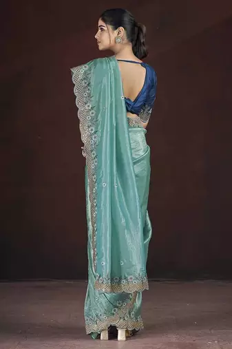 Light Green Color Silk Blend Floral Embroidered Work Saree