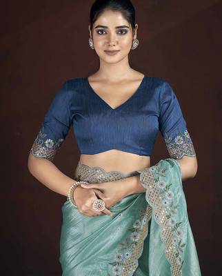 Light Green Color Silk Blend Floral Embroidered Work Saree 4