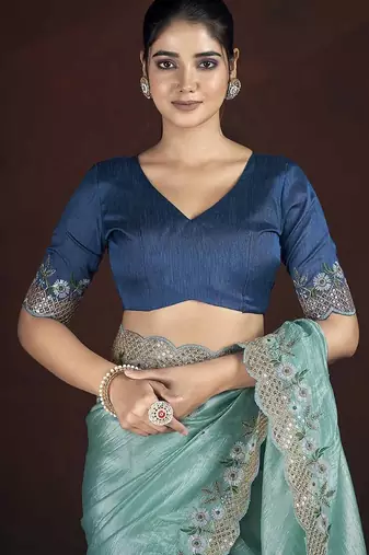 Light Green Color Silk Blend Floral Embroidered Work Saree