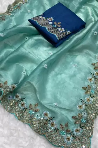 Light Green Color Silk Blend Floral Embroidered Work Saree