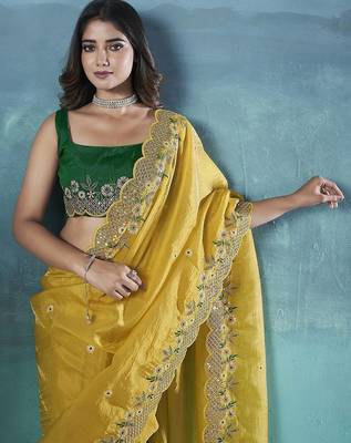 Yellow Color Silk Blend Floral Embroidered Work Saree 1