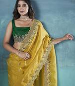 Yellow Color Silk Blend Floral Embroidered Work Saree