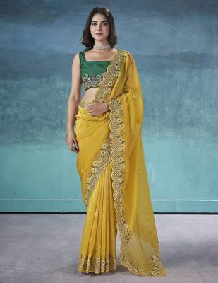 Yellow Color Silk Blend Floral Embroidered Work Saree 2
