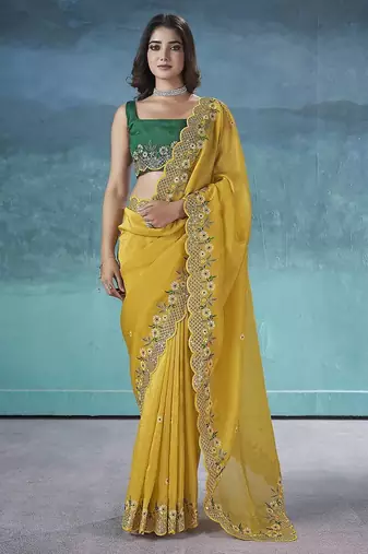 Yellow Color Silk Blend Floral Embroidered Work Saree