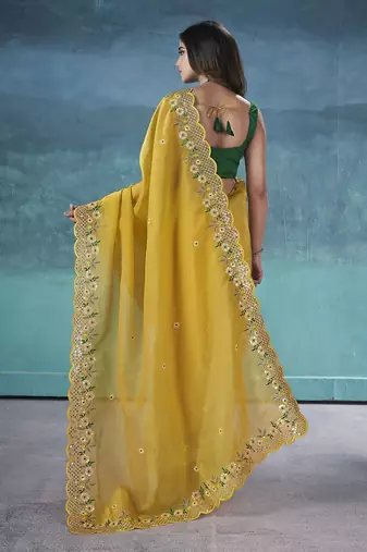 Yellow Color Silk Blend Floral Embroidered Work Saree