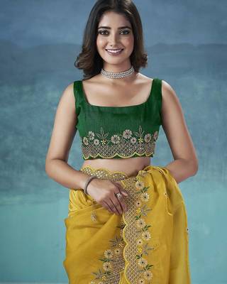 Yellow Color Silk Blend Floral Embroidered Work Saree 4