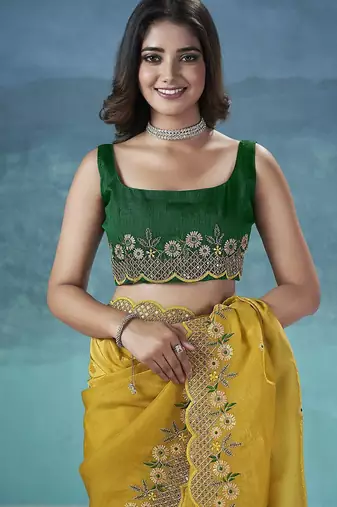 Yellow Color Silk Blend Floral Embroidered Work Saree