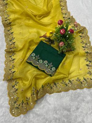 Yellow Color Silk Blend Floral Embroidered Work Saree 5