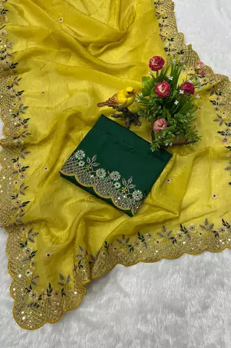 Yellow Color Silk Blend Floral Embroidered Work Saree