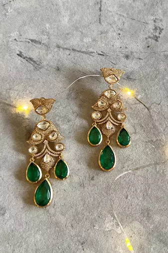 Gold plated green dangler earrings