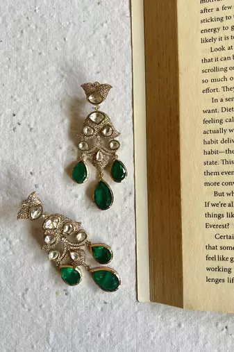 Gold plated green dangler earrings