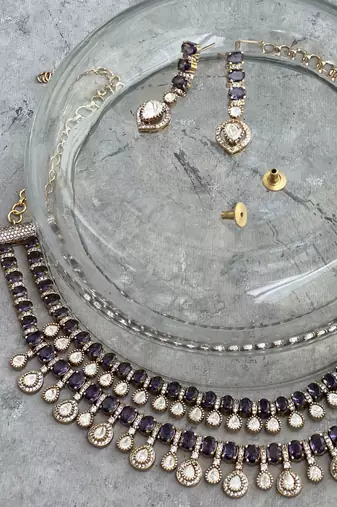 Gold plated purple stone necklace set