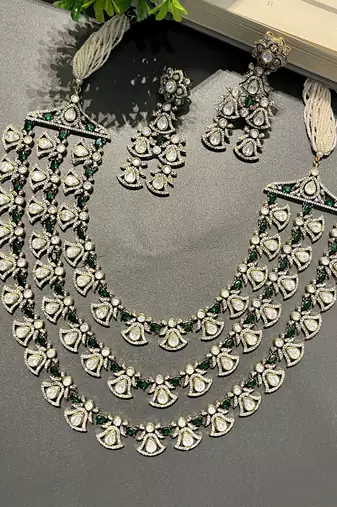 Gold plated green studded necklace set