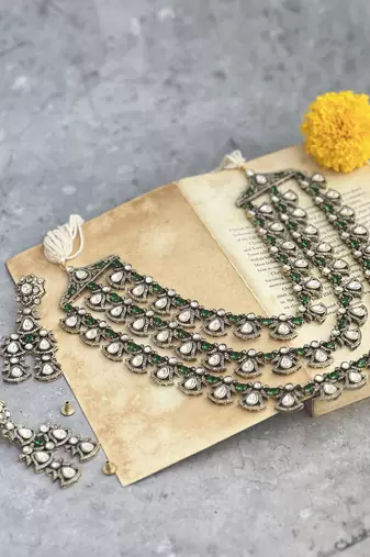 Gold plated green studded necklace set