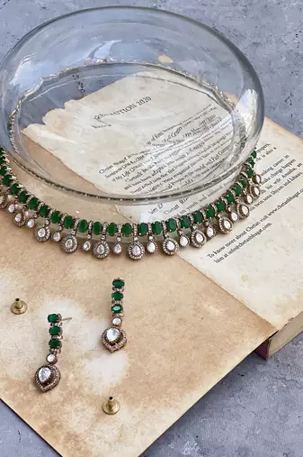 Gold plated green studded necklace set