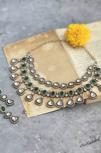 Gold plated green studded necklace set