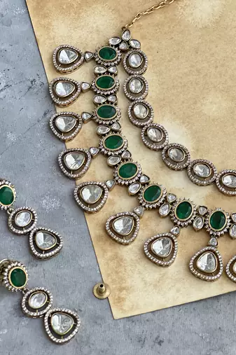 Gold plated green studded necklace set