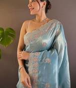 Blue Color Silk Blend Sequence & Malti Thread Embroidery Work  Saree