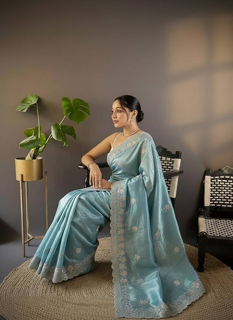 Blue Color Silk Blend Sequence & Malti Thread Embroidery Work  Saree