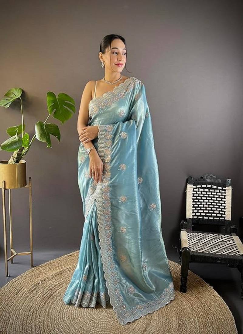 Blue Color Silk Blend Sequence & Malti Thread Embroidery Work  Saree