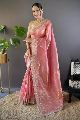 Pink Color Silk Blend Sequence & Malti Thread Embroidery Work  Saree