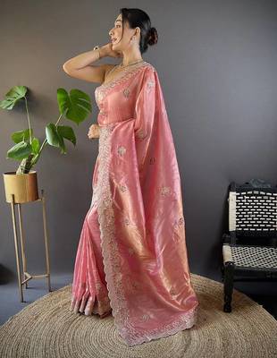 Pink Color Silk Blend Sequence & Malti Thread Embroidery Work  Saree 3