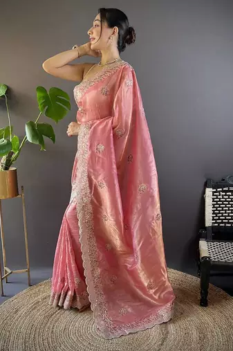 Pink Color Silk Blend Sequence & Malti Thread Embroidery Work  Saree