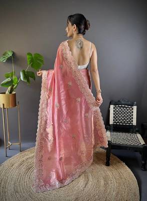 Pink Color Silk Blend Sequence & Malti Thread Embroidery Work  Saree 4