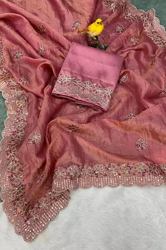 Pink Color Silk Blend Sequence & Malti Thread Embroidery Work  Saree