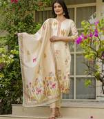  cream embroidered stitched viscose pant style kurti suit with duppatta