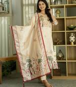 cream embroidered stitched viscose pant style kurti suit with duppatta