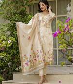 cream embroidered stitched viscose pant style kurti suit with duppatta