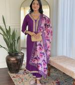 purple embroidered stitched viscose pant style kurti suit with duppatta