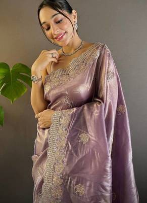 Lavender Color Silk Blend Sequence & Malti Thread Embroidery Work  Saree 2