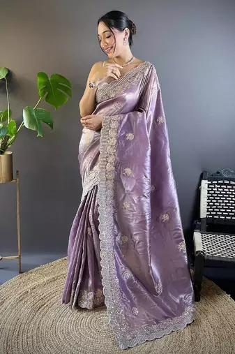 Lavender Color Silk Blend Sequence & Malti Thread Embroidery Work  Saree