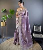 Lavender Color Silk Blend Sequence & Malti Thread Embroidery Work  Saree