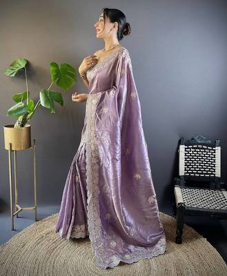 Lavender Color Silk Blend Sequence & Malti Thread Embroidery Work  Saree 3