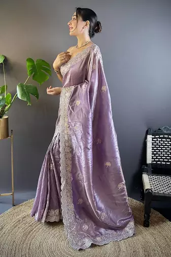 Lavender Color Silk Blend Sequence & Malti Thread Embroidery Work  Saree