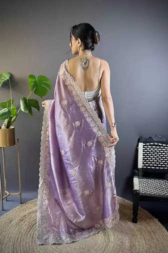 Lavender Color Silk Blend Sequence & Malti Thread Embroidery Work  Saree