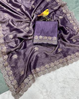Lavender Color Silk Blend Sequence & Malti Thread Embroidery Work  Saree 5