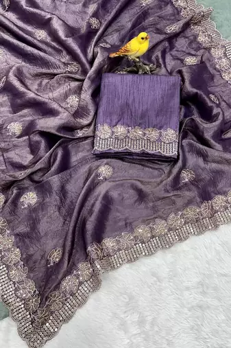 Lavender Color Silk Blend Sequence & Malti Thread Embroidery Work  Saree
