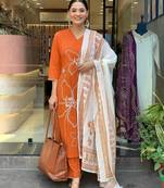  orange embroidered stitched viscose pant style kurti suit with duppatta