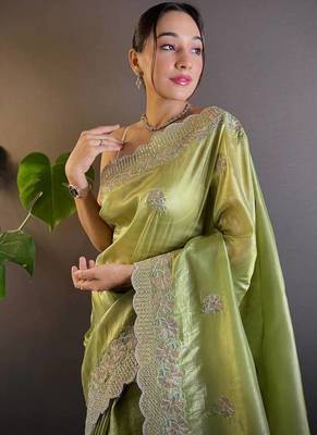 Olive Color Silk Blend Sequence & Malti Thread Embroidery Work  Saree 1