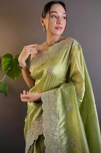 Olive Color Silk Blend Sequence & Malti Thread Embroidery Work  Saree