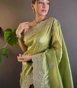 Olive Color Silk Blend Sequence & Malti Thread Embroidery Work  Saree