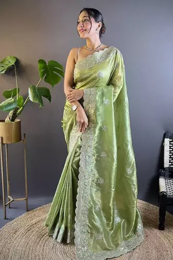 Olive Color Silk Blend Sequence & Malti Thread Embroidery Work  Saree