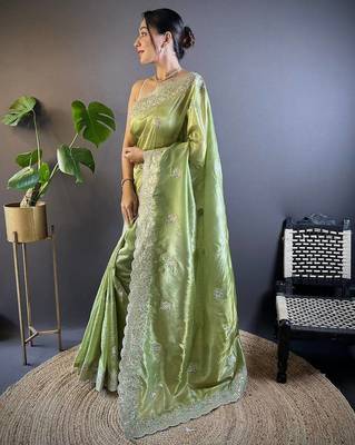 Olive Color Silk Blend Sequence & Malti Thread Embroidery Work  Saree 3