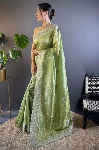Olive Color Silk Blend Sequence & Malti Thread Embroidery Work  Saree