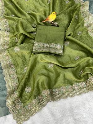 Olive Color Silk Blend Sequence & Malti Thread Embroidery Work  Saree 5