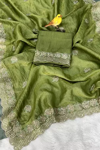 Olive Color Silk Blend Sequence & Malti Thread Embroidery Work  Saree